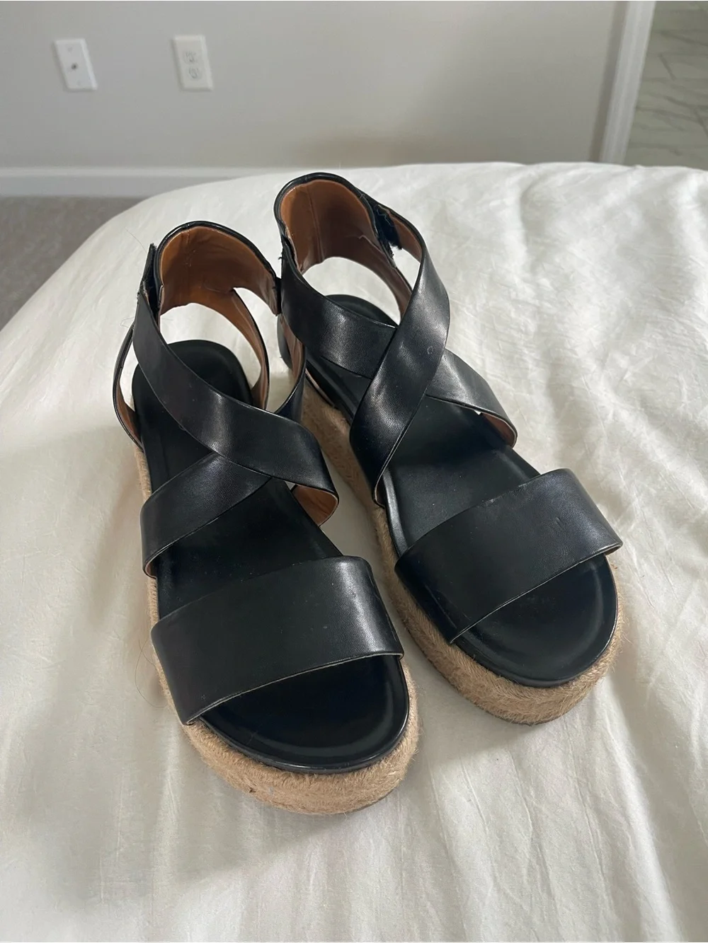 Women's Black Leather Espadrille Platform Sandals